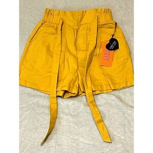 C'est Toi Mustard Pleated Shorts Small Belted Cotton High Waist Pocket Casual‎